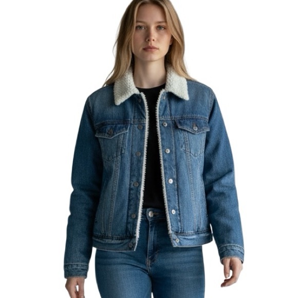 TRIOT LOS ANGELES Blue Denim Trucker Jacket w/ Cream Shearling Collar & Lining - Picture 6 of 8